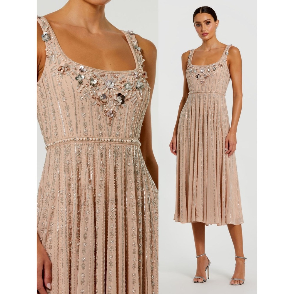 NWT Mac Duggal Rose Pink Scoop Neck Beaded‎ Georgette Midi Dress $598 - Size 4